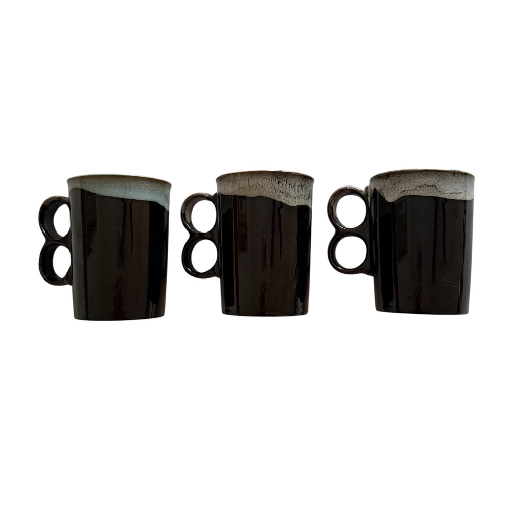 Set of 3 Vintage MCM Brown Drip Design Two Finger Hole Handle Pottery Mugs Japan - Picture 3 of 7